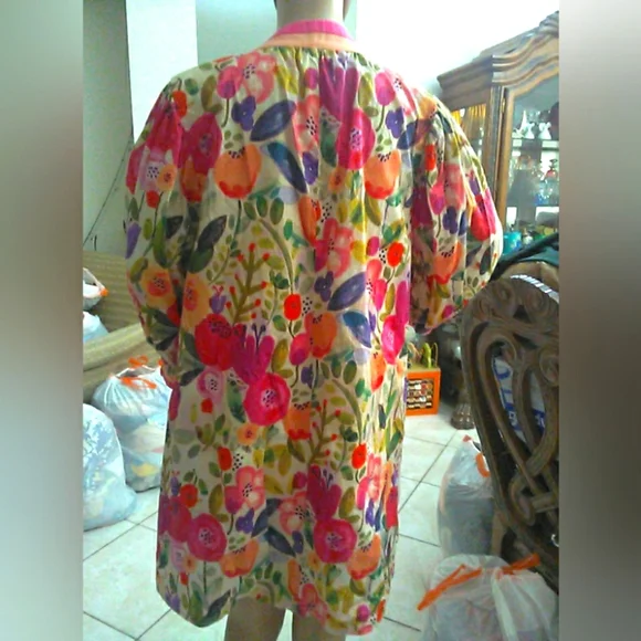 BOUTIQUE MEGA FLORAL Dress (COTTON) BRIGHT PUFF SLV. LINED BOXY SZ. LG GORGEOUS - Picture 7 of 9